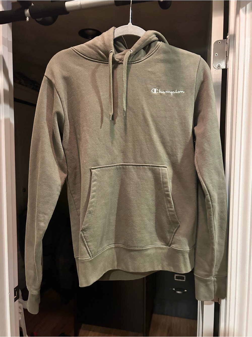 Champion Olive Green Pullover Hoodie with White Script Logo